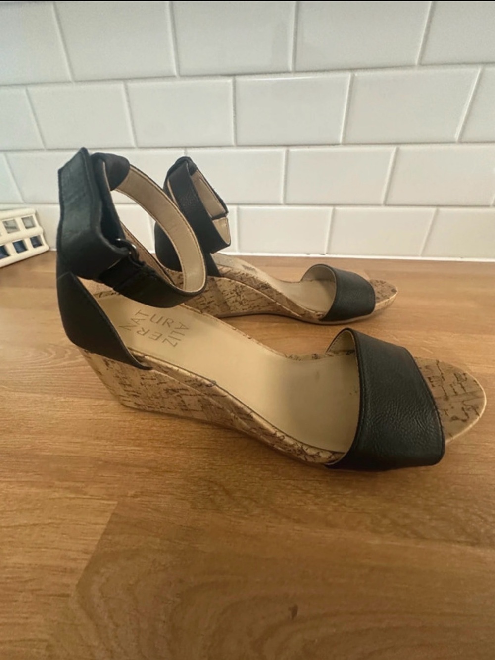 Naturalizer Black Cork Wedge Black Sandals